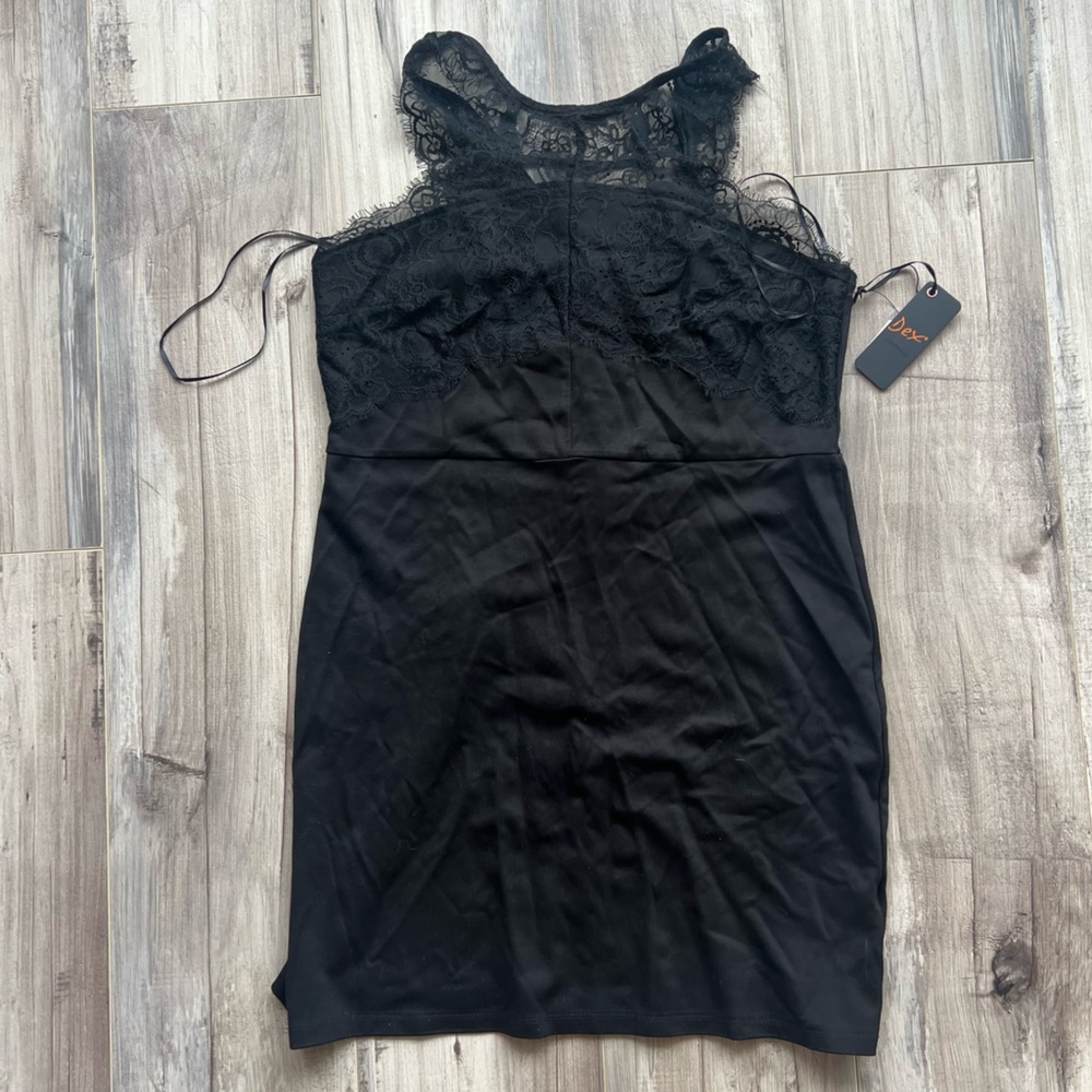 Dex Black body con dress with Lace Accents
